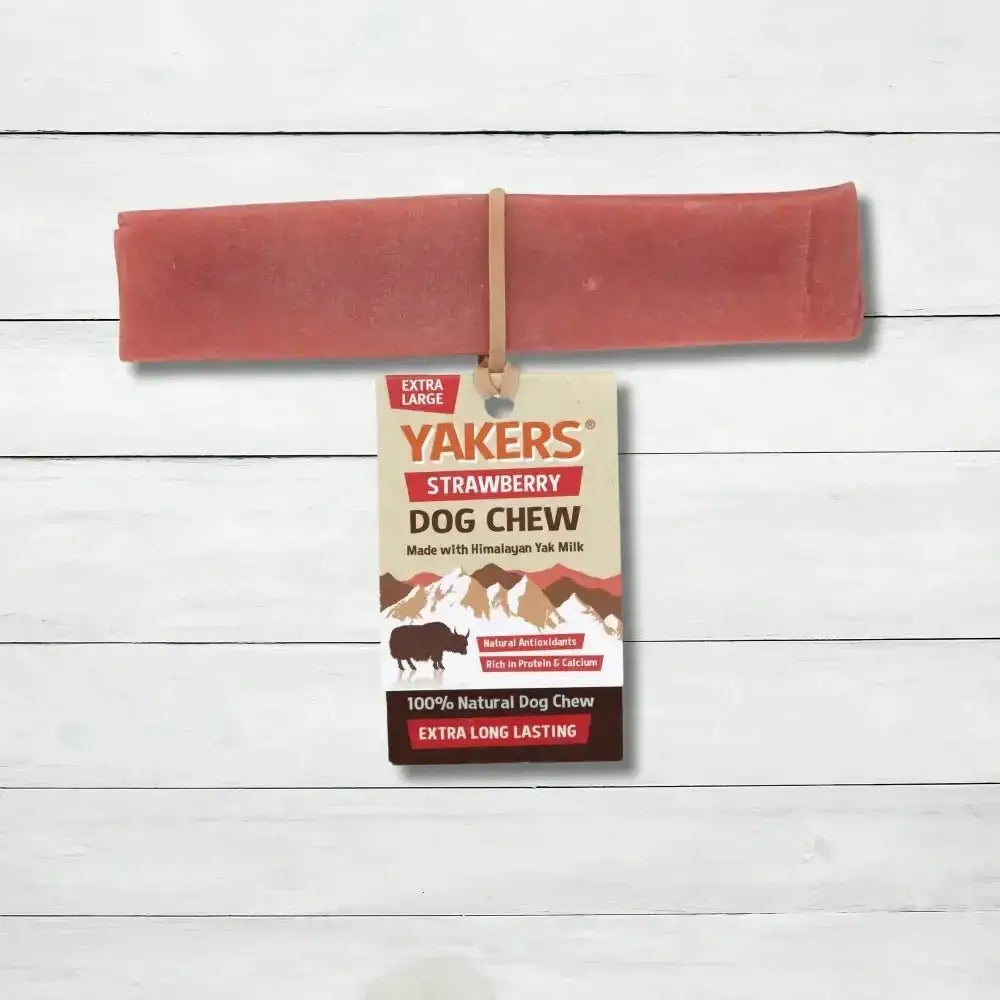 Yakers Strawberry Dog Chew in extra large size, natural strawberry dog treat for dogs