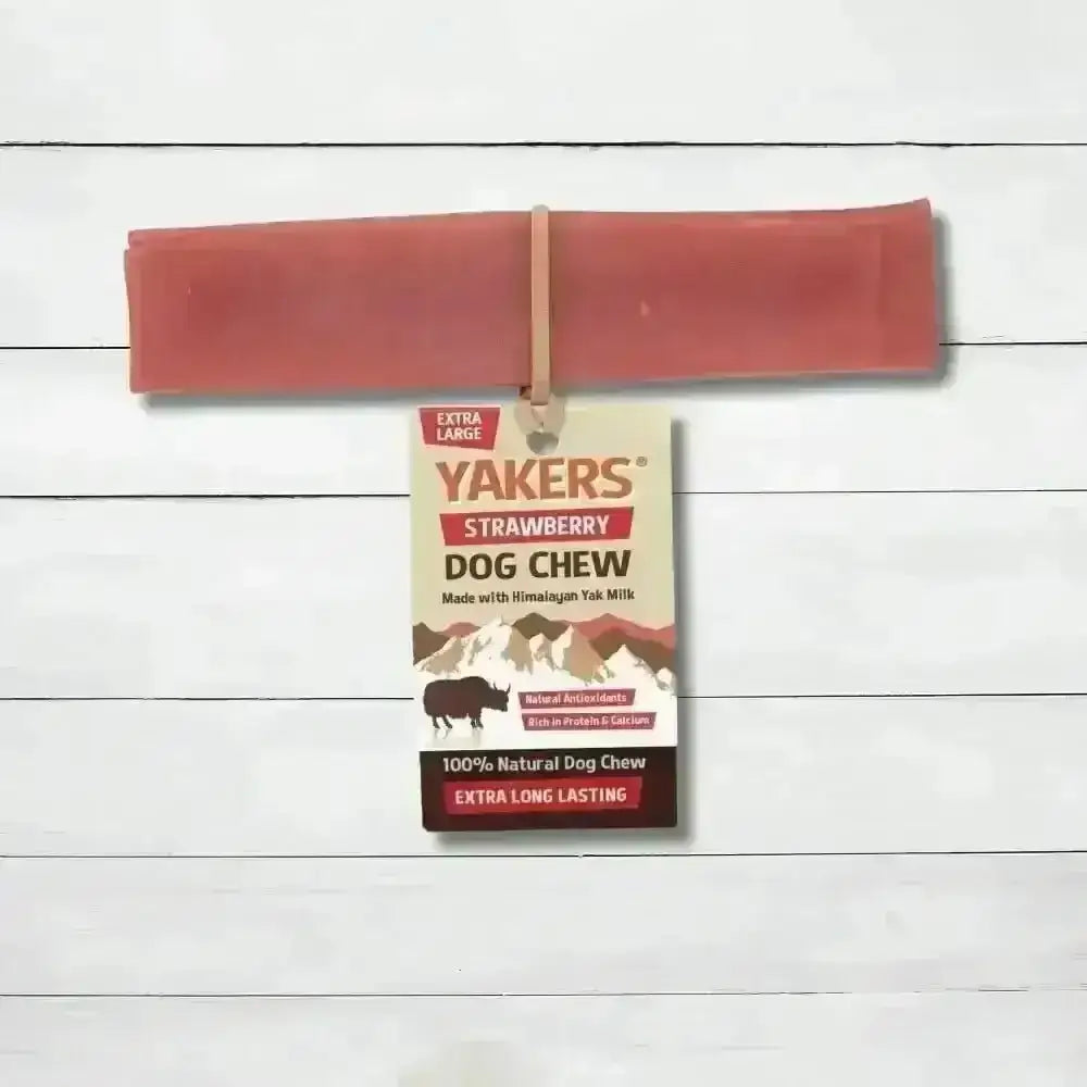 Yakers Strawberry Dog Chew in extra large size, natural strawberry dog treat for dogs