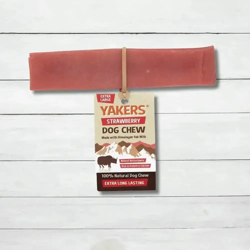Yakers Strawberry Dog Chew in extra large size, natural strawberry dog treat for dogs