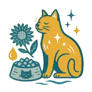 Yellow cat design on a blue background with floral elements and stars.