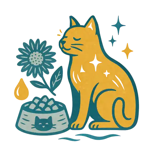 Yellow cat sticker with blue accents and sparkles.
