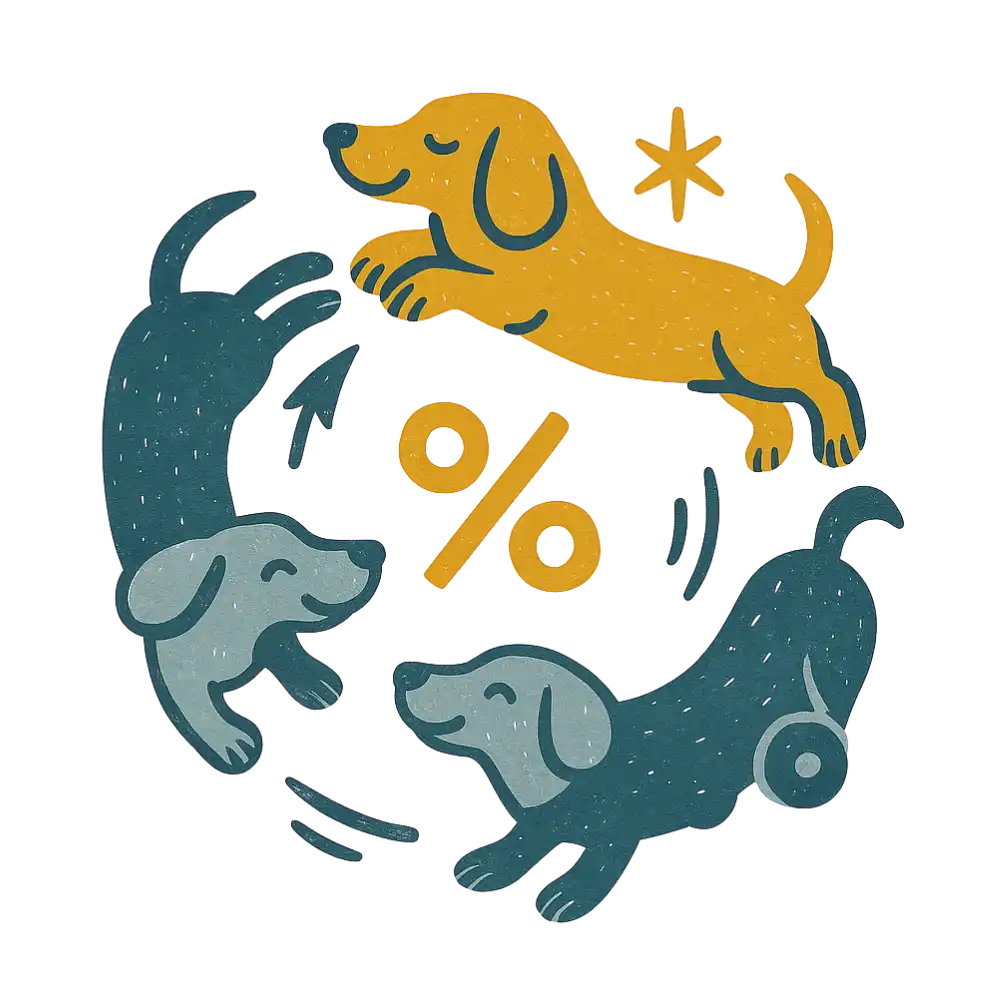 Yellow dog sticker with percentage symbol and stars.