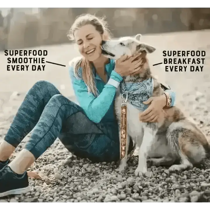YORA Dog grain free jacket with stylish black and white leggings and green sneakers