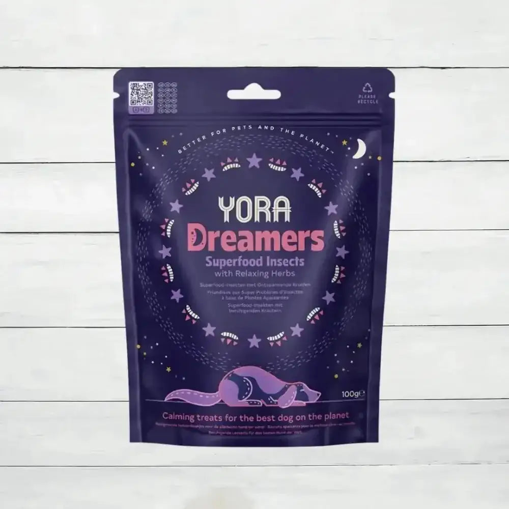 YORA Dog Dreamers calming treats with superfood insects, valerian root, and lemon balm in a dark purple pouch