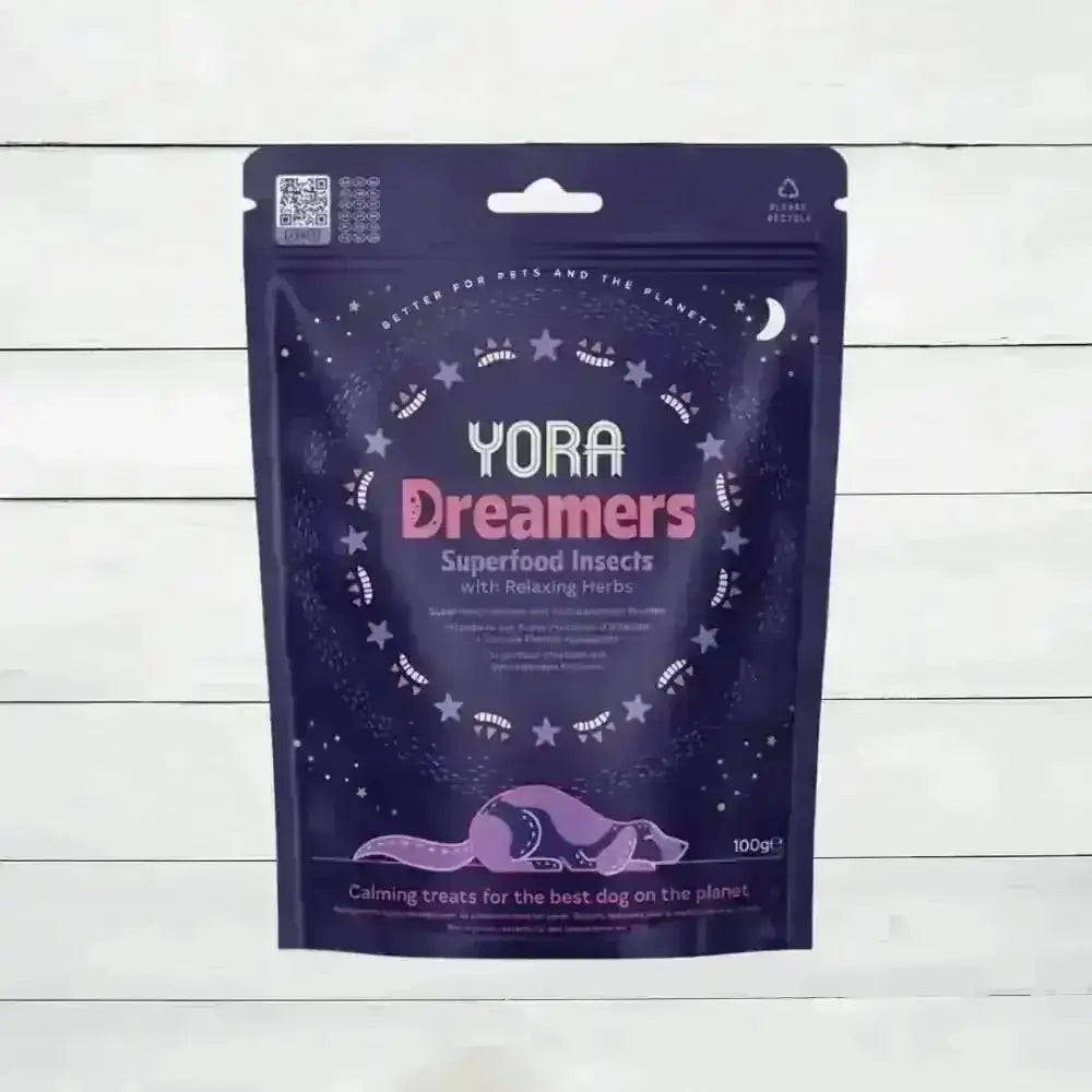 YORA Dog Dreamers calming treats with superfood insects, valerian root, and lemon balm in a dark purple pouch