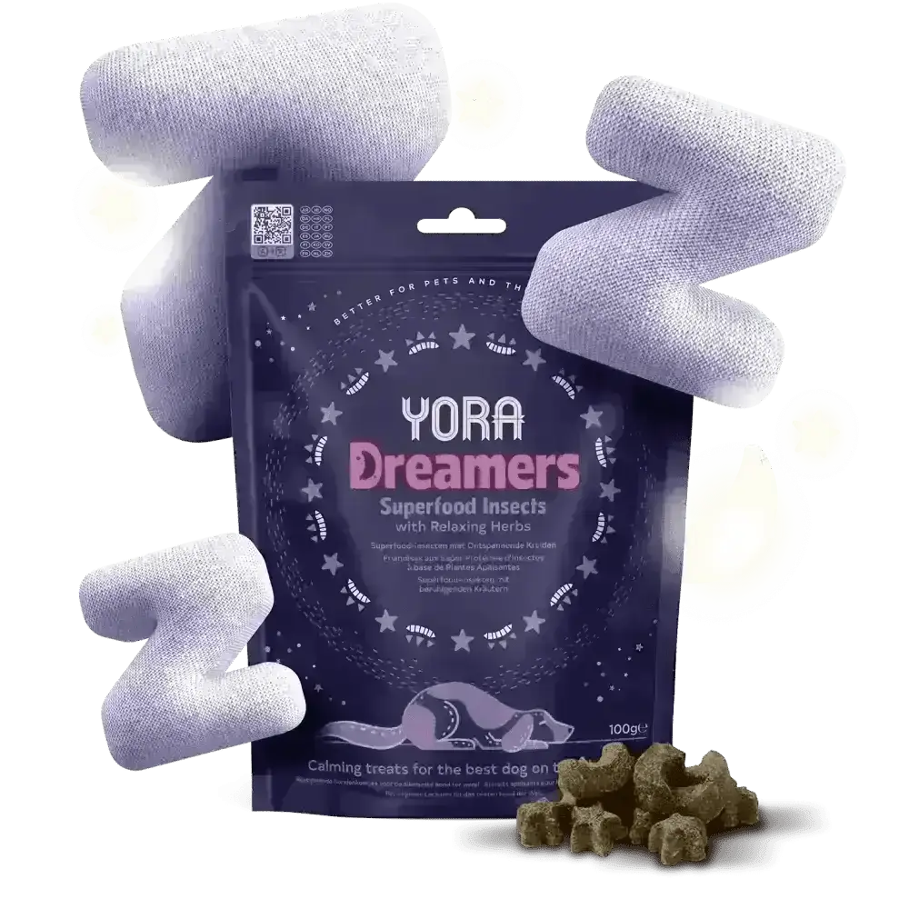 YORA Dog Dreamers calming treats with superfood insects, valerian root, and lemon balm in a starry night bag