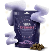 YORA Dog Dreamers calming treats with superfood insects, valerian root, and lemon balm in a starry night bag