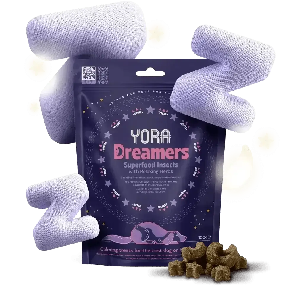 YORA Dog Dreamers calming treats with superfood insects, valerian root, and lemon balm in a starry night bag