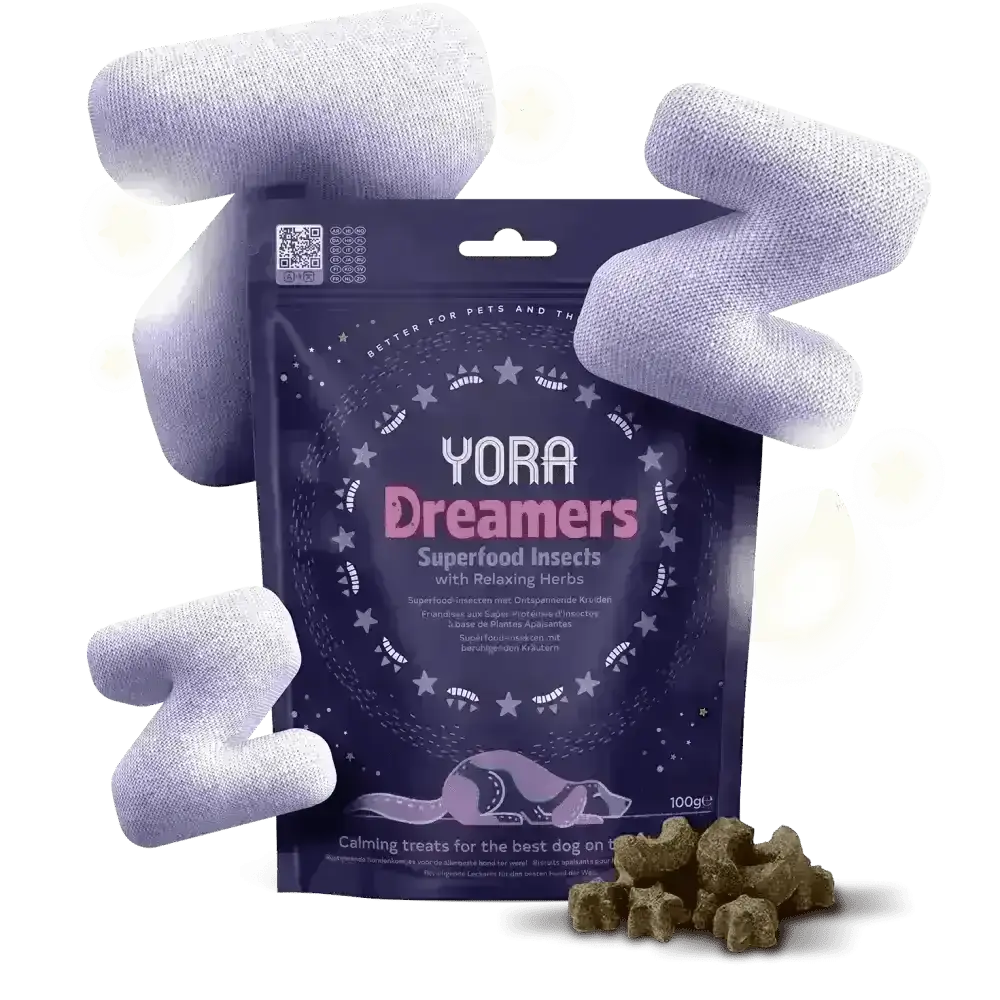 YORA Dog Dreamers calming treats with superfood insects, valerian root, and lemon balm in a starry night bag