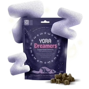 YORA Dog Dreamers calming treats with superfood insects, valerian root, and lemon balm in a starry night bag