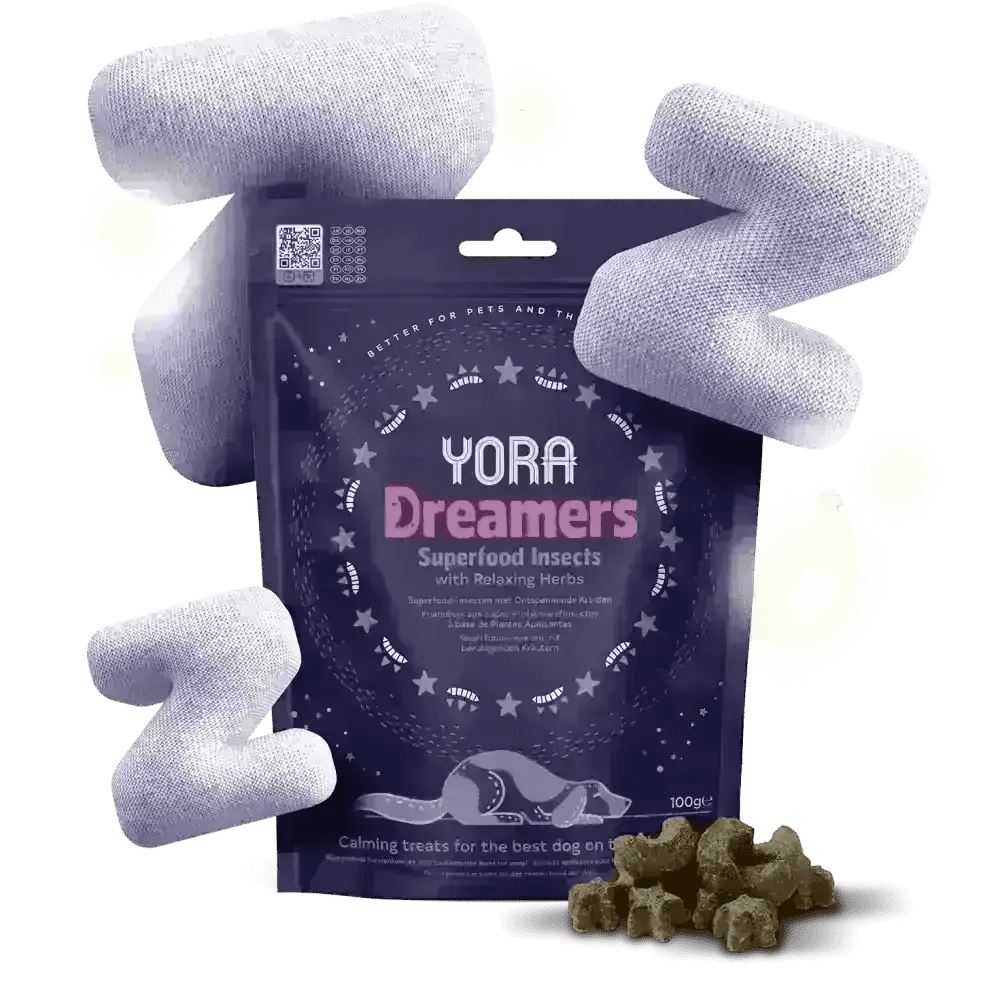 YORA Dog Dreamers calming treats with superfood insects, valerian root, and lemon balm in a starry night bag