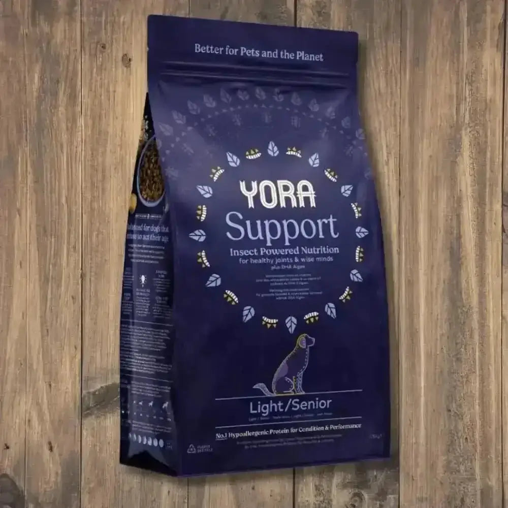 Yora Dog Light/Senior bag with blue/white packaging, insect imagery for joint care and brain health