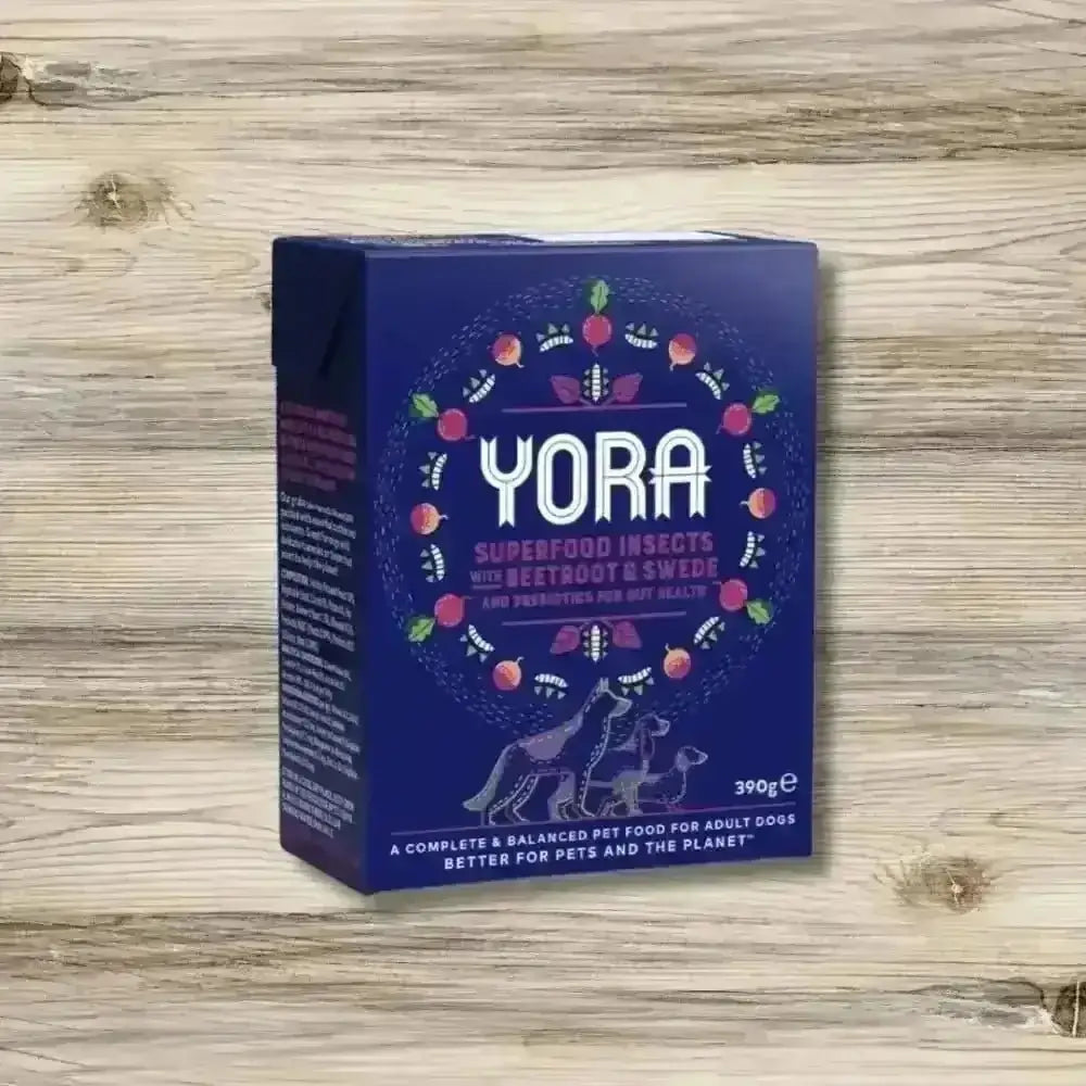 Yora Dog Pate Beetroot balanced insect based wet food box with colorful fruit and vegetable illustrations on blue background