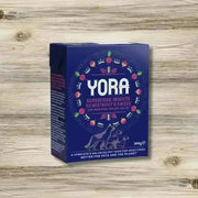 Yora Dog Pate Beetroot balanced insect based wet food box with colorful fruit and vegetable illustrations on blue background