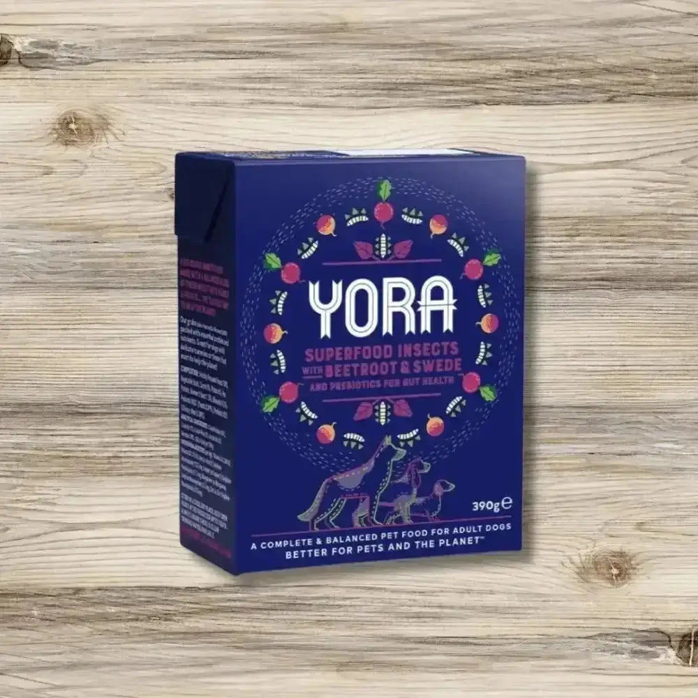 Yora Dog Pate Beetroot balanced insect based wet food box with colorful fruit and vegetable illustrations on blue background