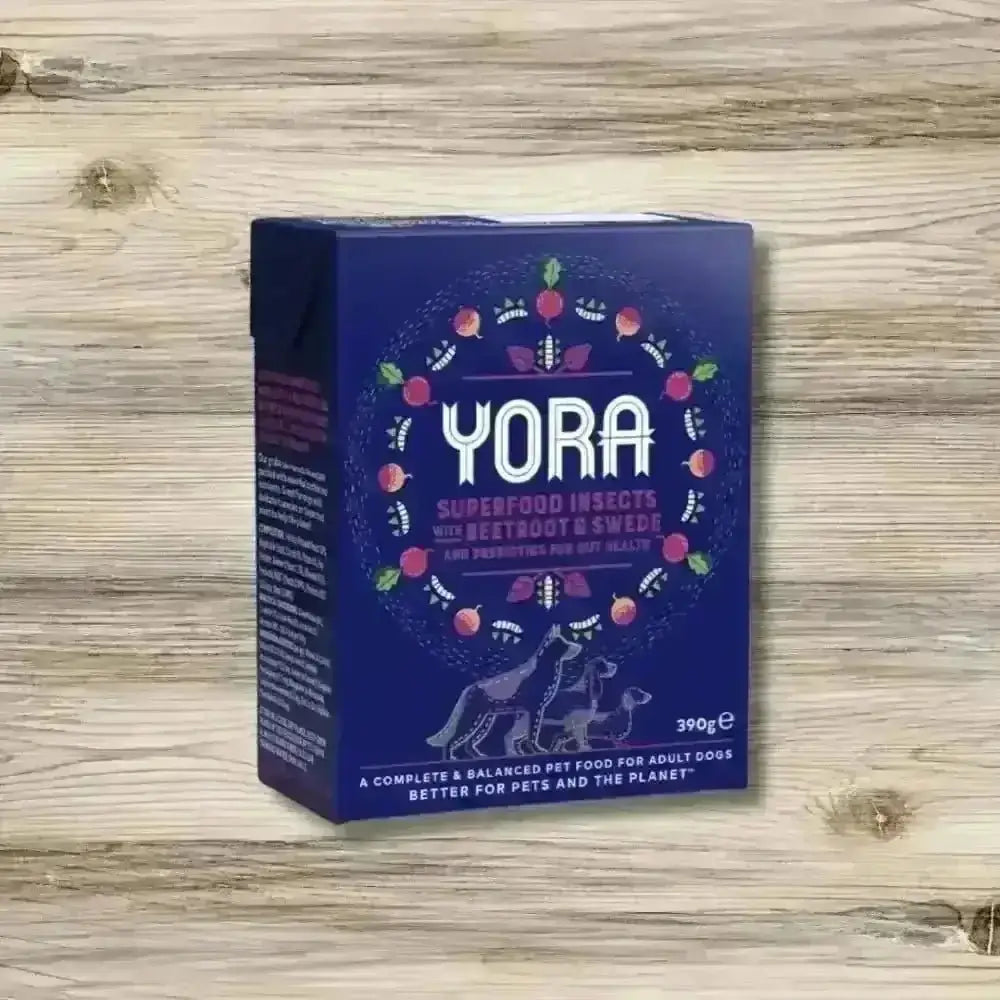 Yora Dog Pate Beetroot balanced insect based wet food box with colorful fruit and vegetable illustrations on blue background