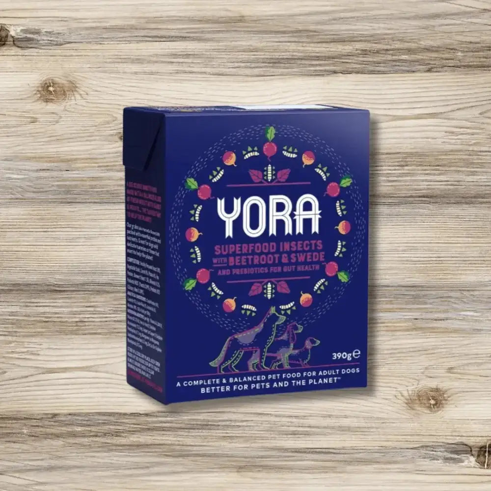 Yora Dog Pate Beetroot balanced insect based wet food box with colorful fruit and vegetable illustrations on blue background