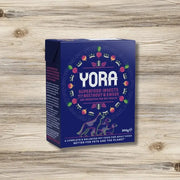 Yora Dog Pate Beetroot balanced insect based wet food box with colorful fruit and vegetable illustrations on blue background