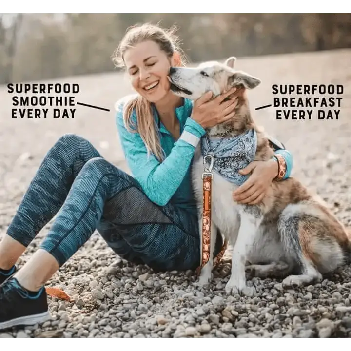 Model wearing teal zip-up jacket, patterned leggings, green sneakers with Yora Dog Pate Carrot wet food