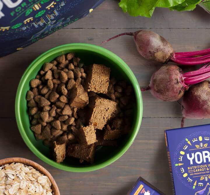 Yora wet food for dogs seen in a green bowl on top of Yora dry food for dogs