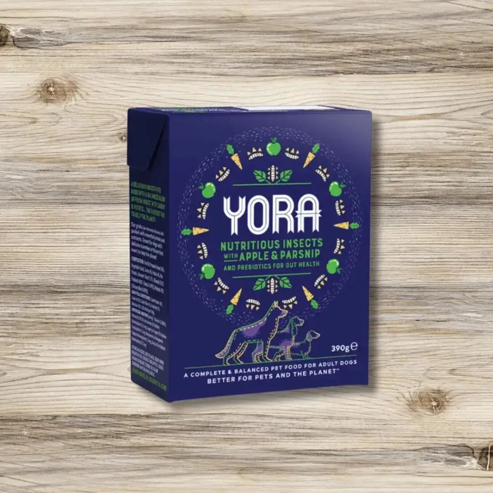 Yora Dog Pate Parsnip and Apple 390g with insect based wet food on blue background