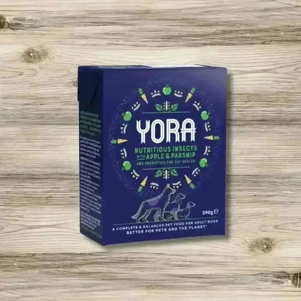 Yora Dog Pate Parsnip and Apple 390g with insect based wet food on blue background