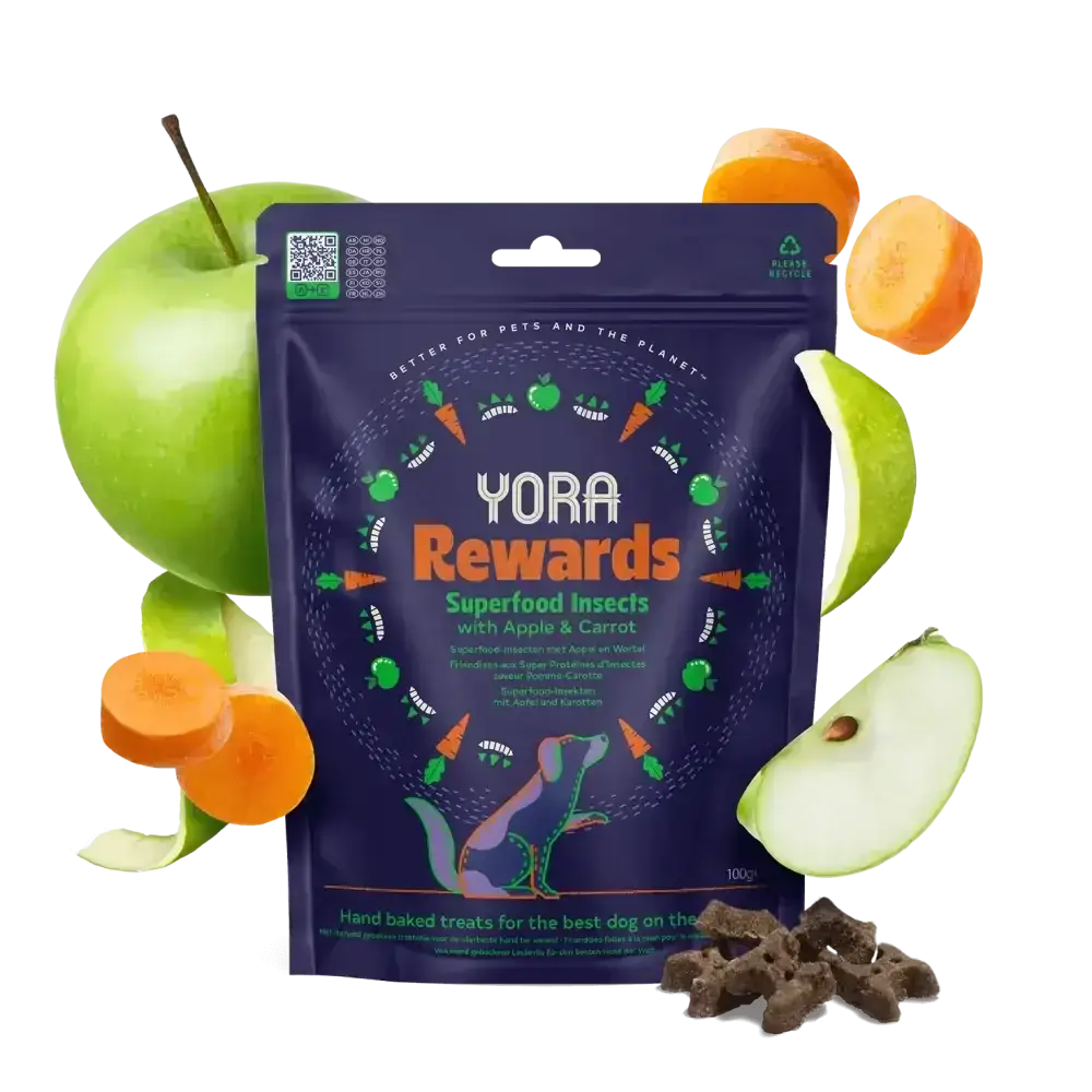 YORA Dog Rewards Carrot and Apple 100g with hermetia illucens delicious soft-baked insect treat in dark purple packaging with green accents
