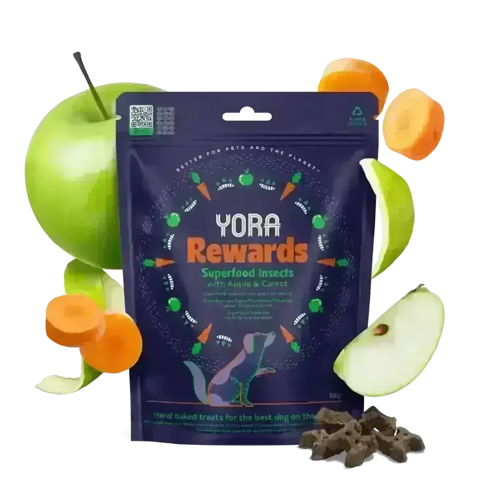 YORA Dog Rewards Carrot and Apple 100g with hermetia illucens delicious soft-baked insect treat in dark purple packaging with green accents