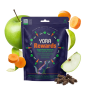 YORA Dog Rewards Carrot and Apple 100g with hermetia illucens delicious soft-baked insect treat in dark purple packaging with green accents