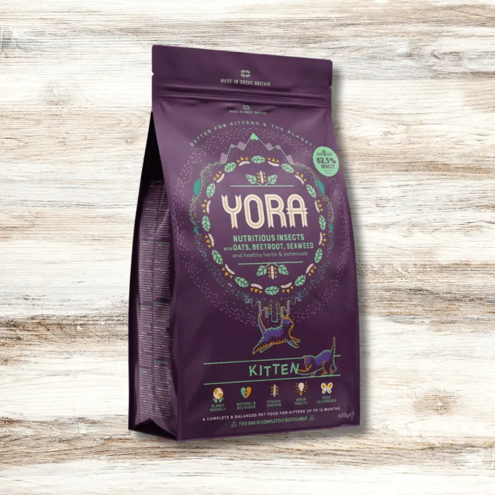 Yora Kitten 600g bag with purple green insect design for joint care gut health