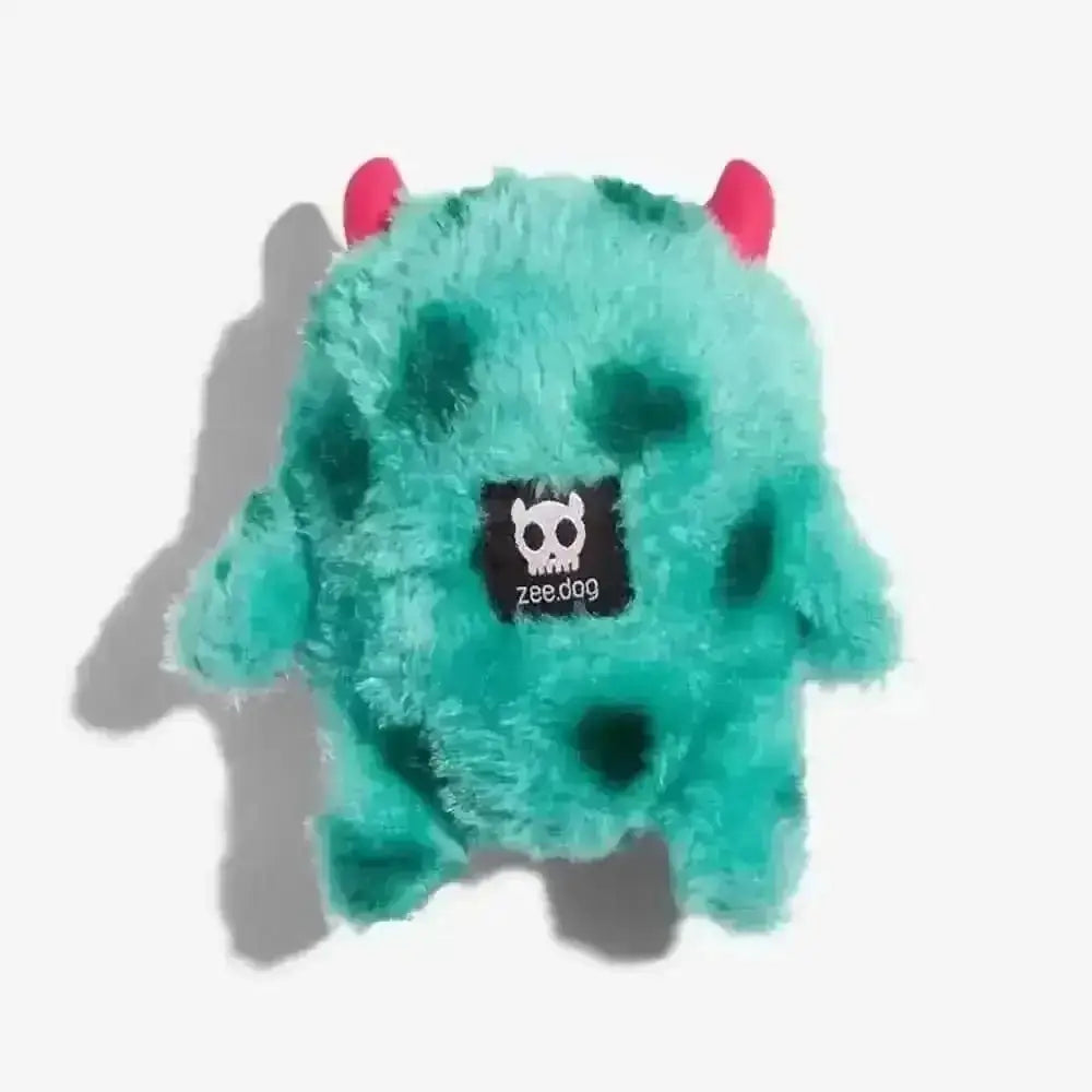 Zebog green plush dog toy with pink horns, skull patch, natural rubber