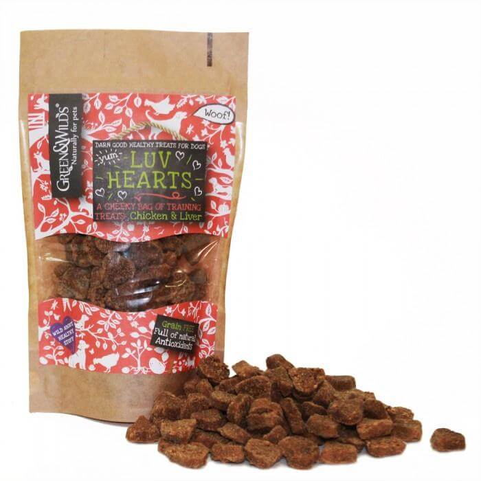 Green & Wilds Natural Luv Hearts treats for dogs.