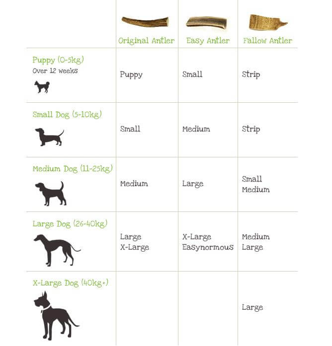Green & Wilds Natural Fallow Antler Chew for dogs size guide.