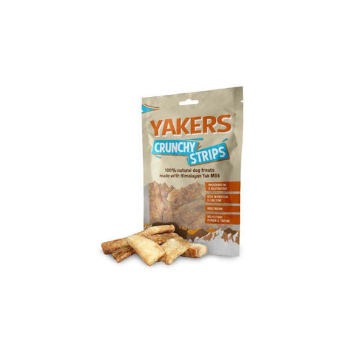 Yakers Crunchy Strips sits on a white background. A few Crunch Strips can be seen in the foreground