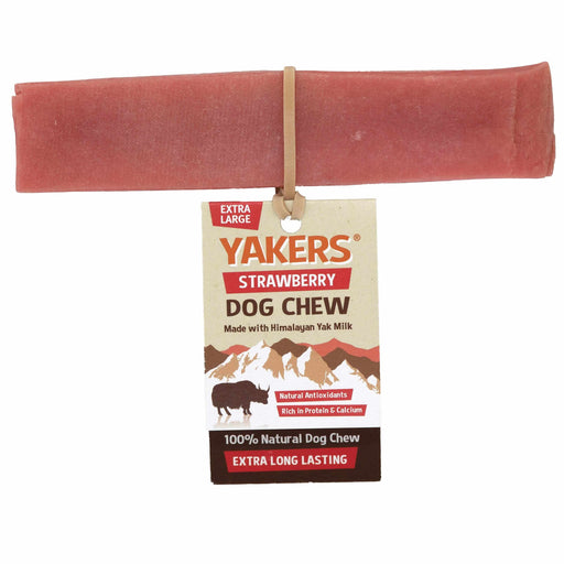 Yakers Strawberry Yak Chew sits on a rustic background. This product can be bought at The Pets Larder natural pet store